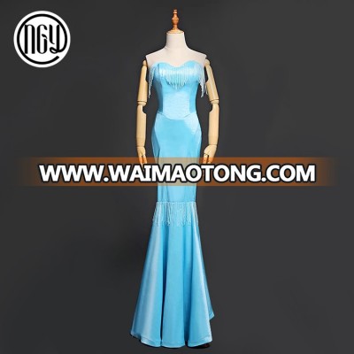 Made in China popular style beading sleeveless sky blue mermaid evening dress