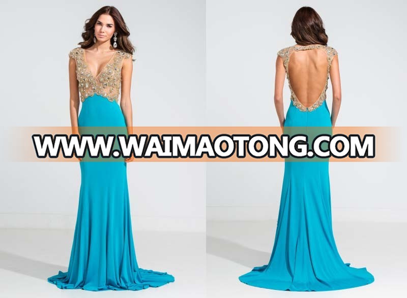 Deep V-Neckline Beaded Jersey Evening Dress