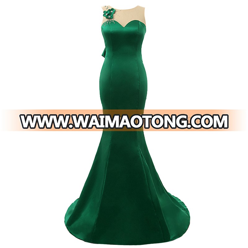 Green Satin Bead flower appliqued Design illusion Back Evening Dress